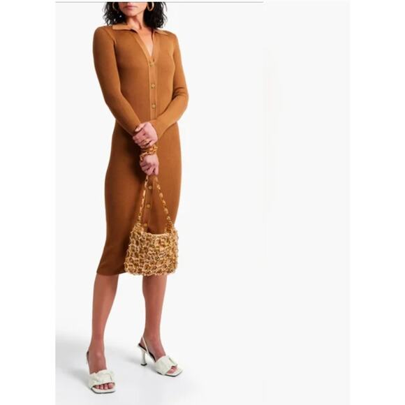 Alice + Olivia Dresses & Skirts - Alice + Olivia Alcina Long Sleeve Ribbed Button Down Midi Dress Camel